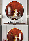 红墙猫咪新中式插画客厅门厅装饰画