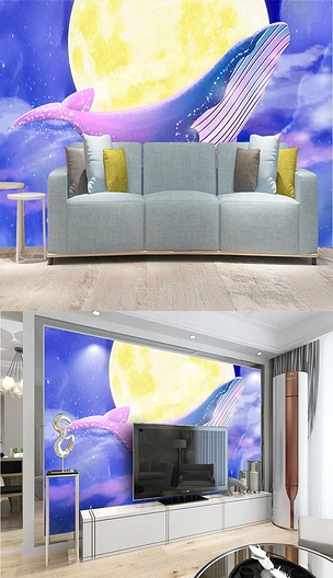 卡通鲸鱼气泡背景墙儿童房卧室床头壁画