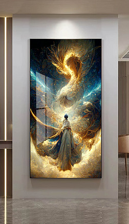 中式轻奢现代手绘天人合一下凡油画玄关客厅