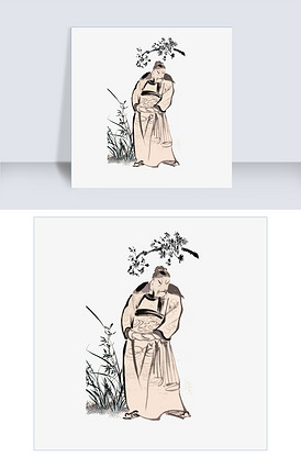 士大夫水墨山水写意散步意境png