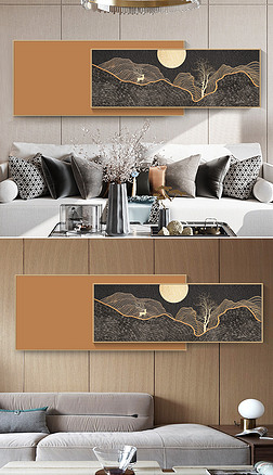 现代简约金色抽象线条山水客厅组合装饰画