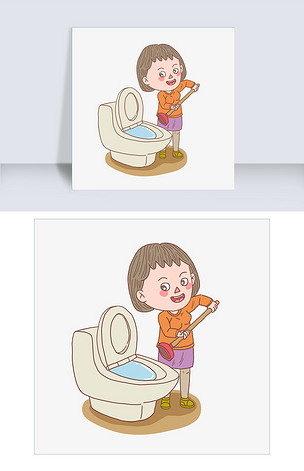 卡通手绘人物疏通坐便器女孩