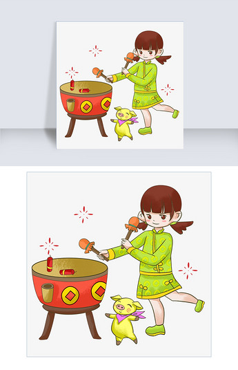 新年小女孩打鼓手绘插画