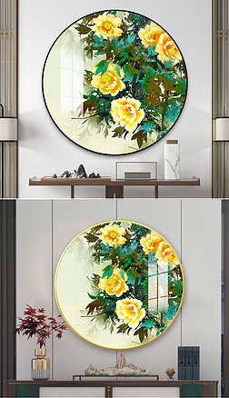 新中式黄色牡丹古风插画客厅门厅装饰画
