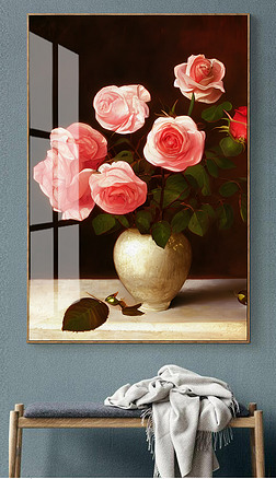 手绘玫瑰花油画装饰画古典欧式静物花玄关画