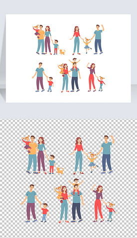 幸福家庭父母孩子一家人户外散步手牵手插画