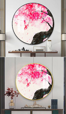 桃花堆头装饰画|新中式古风桃花插画客厅门厅装饰画