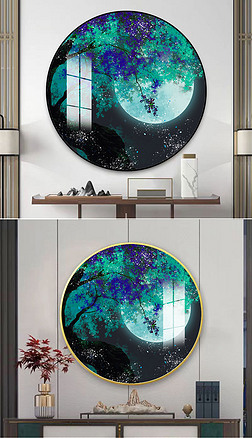 新中式古风月夜紫藤插画客厅门厅装饰画