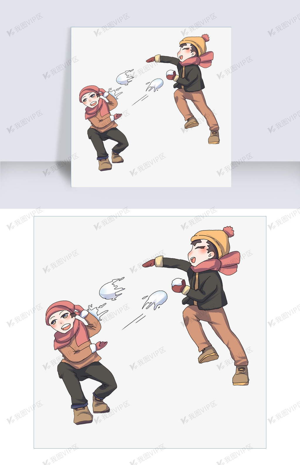 手绘冬天打雪仗人物插画
