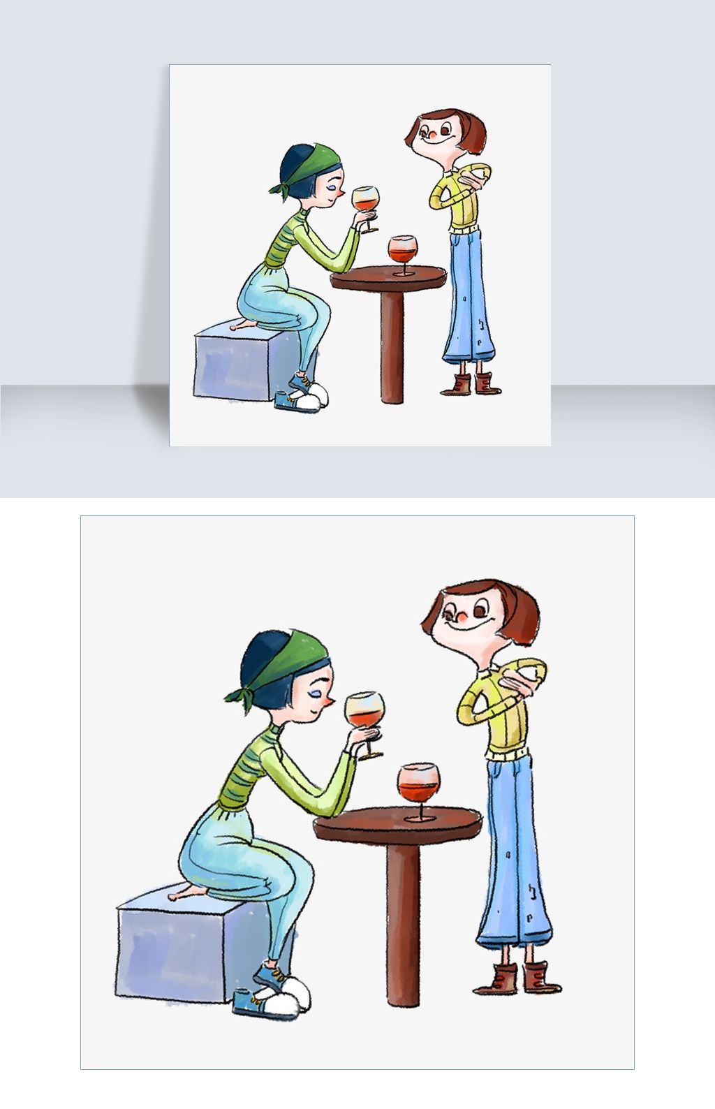 手绘卡通人物闺蜜喝红酒创意海报
