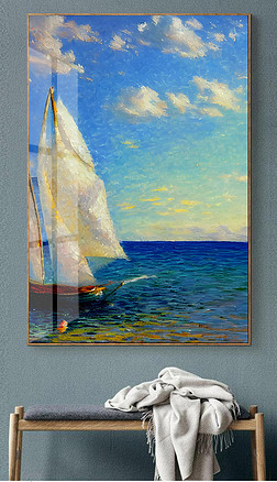 手绘大海日出一帆风顺油画玄关画风景装饰画