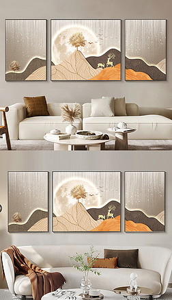 现代抽象山水风景线条麋鹿光影客厅装饰画5