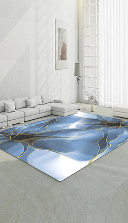 原创现代水彩蓝色金纹肌理艺术图案地垫地毯