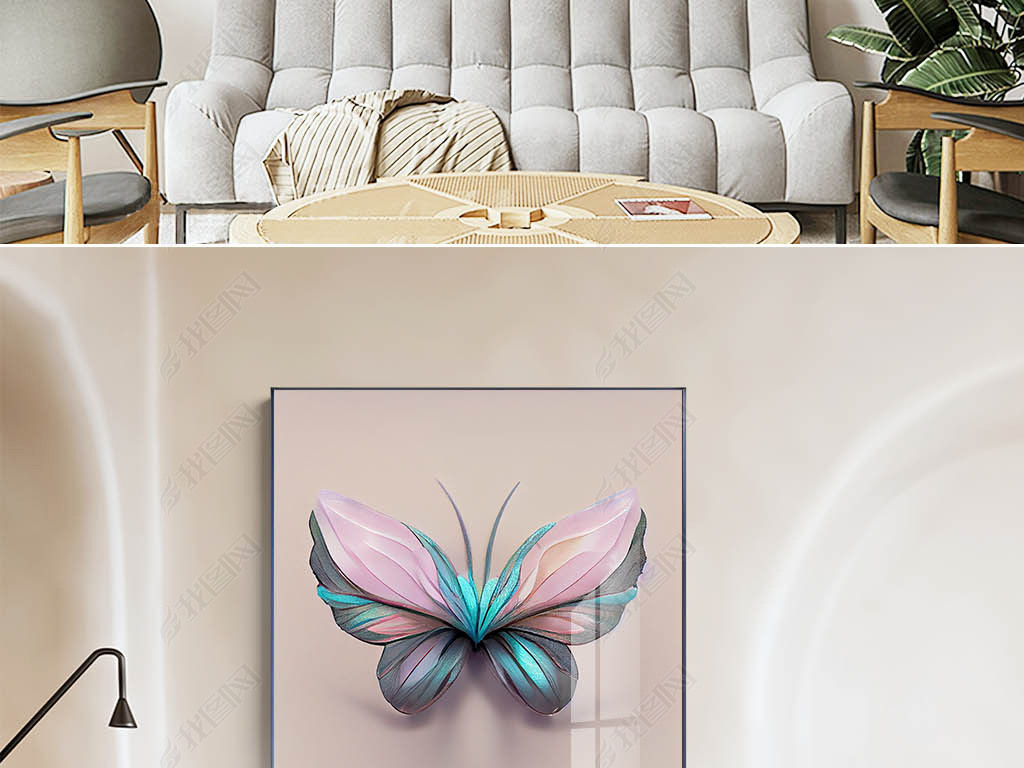 现代抽象轻奢简约蝴蝶花卉创意客厅装饰画