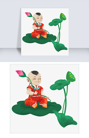 新年吉祥童子莲叶莲花平平安安
