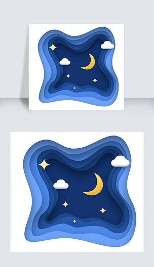 渐变蓝色剪纸风卡通夜空星星月亮云朵素材