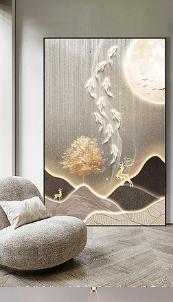 现代抽象立体山水月亮麋鹿玄关装饰画2