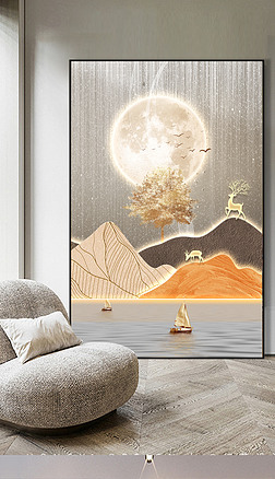 现代抽象立体山水月亮麋鹿玄关装饰画4