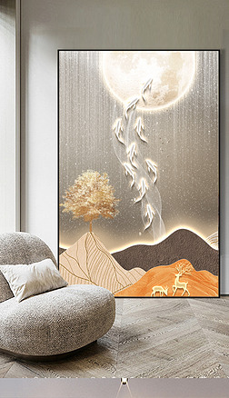 现代抽象立体山水月亮麋鹿玄关装饰画5