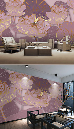 新中式轻奢荷花蜻蜓电视沙发背景墙装饰画