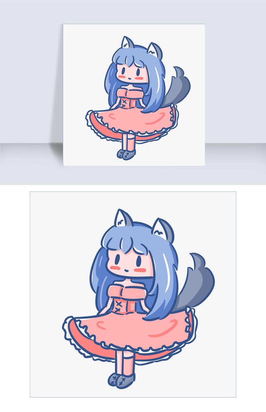 童话风可爱卡通手绘小狼女公主裙猫耳猫尾巴