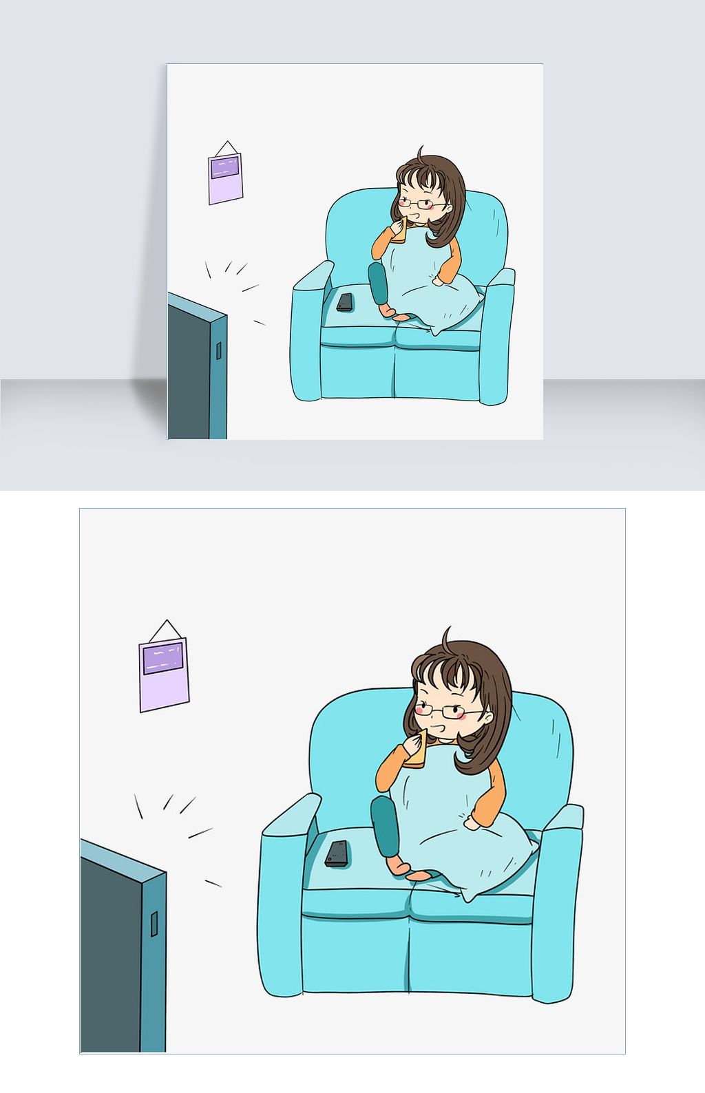 宅在家的小女孩在看电视手绘插画