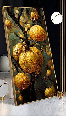 新中式手绘3D效果事事如意金色富贵玄关装饰画