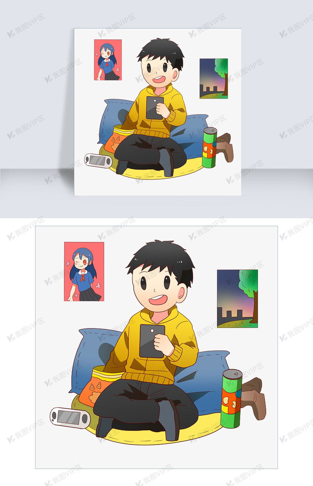 手绘宅男玩手机插画