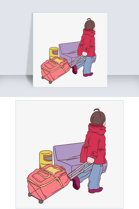 手绘拉着行李箱人物插画