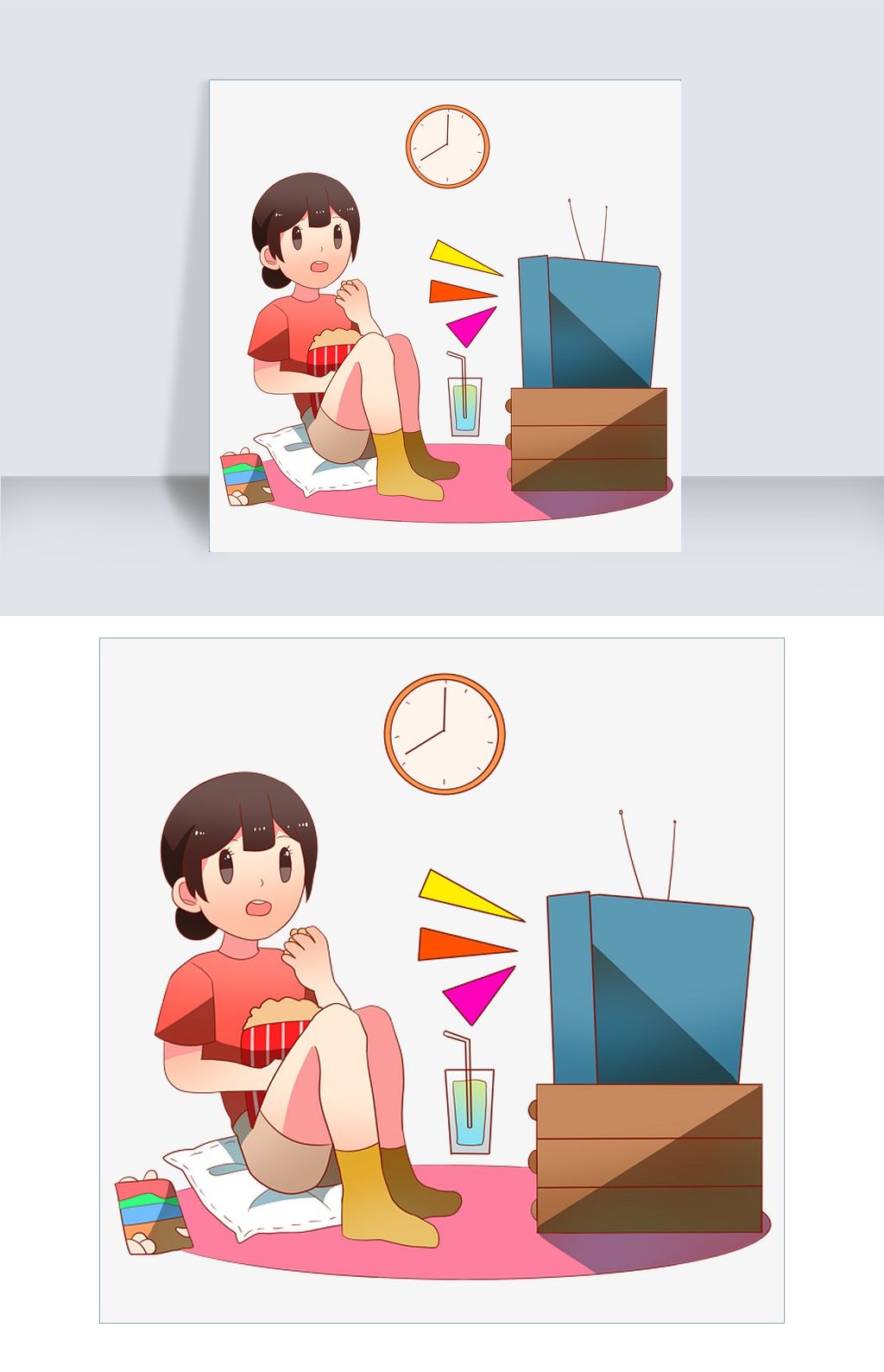 手绘看电视的宅女插画