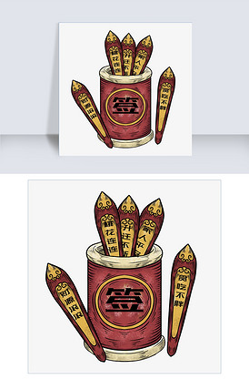 卡通手绘中国复古风求签插画红色