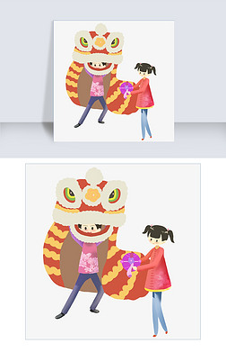 抛绣球免抠元素|2019年手绘中国风金童玉女舞狮过新年