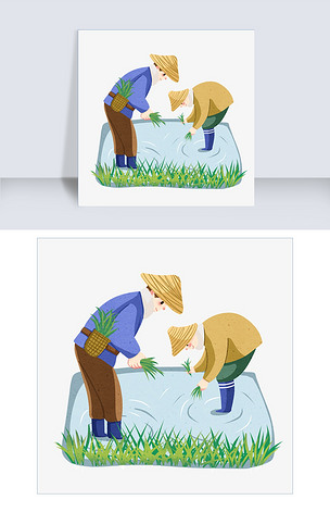 手绘春分插秧插画