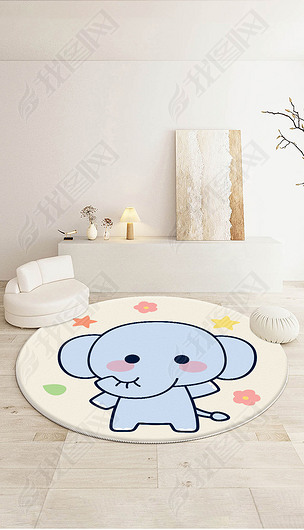 奶油风手绘大象圆形地毯日式卧室简约卡通床边毯