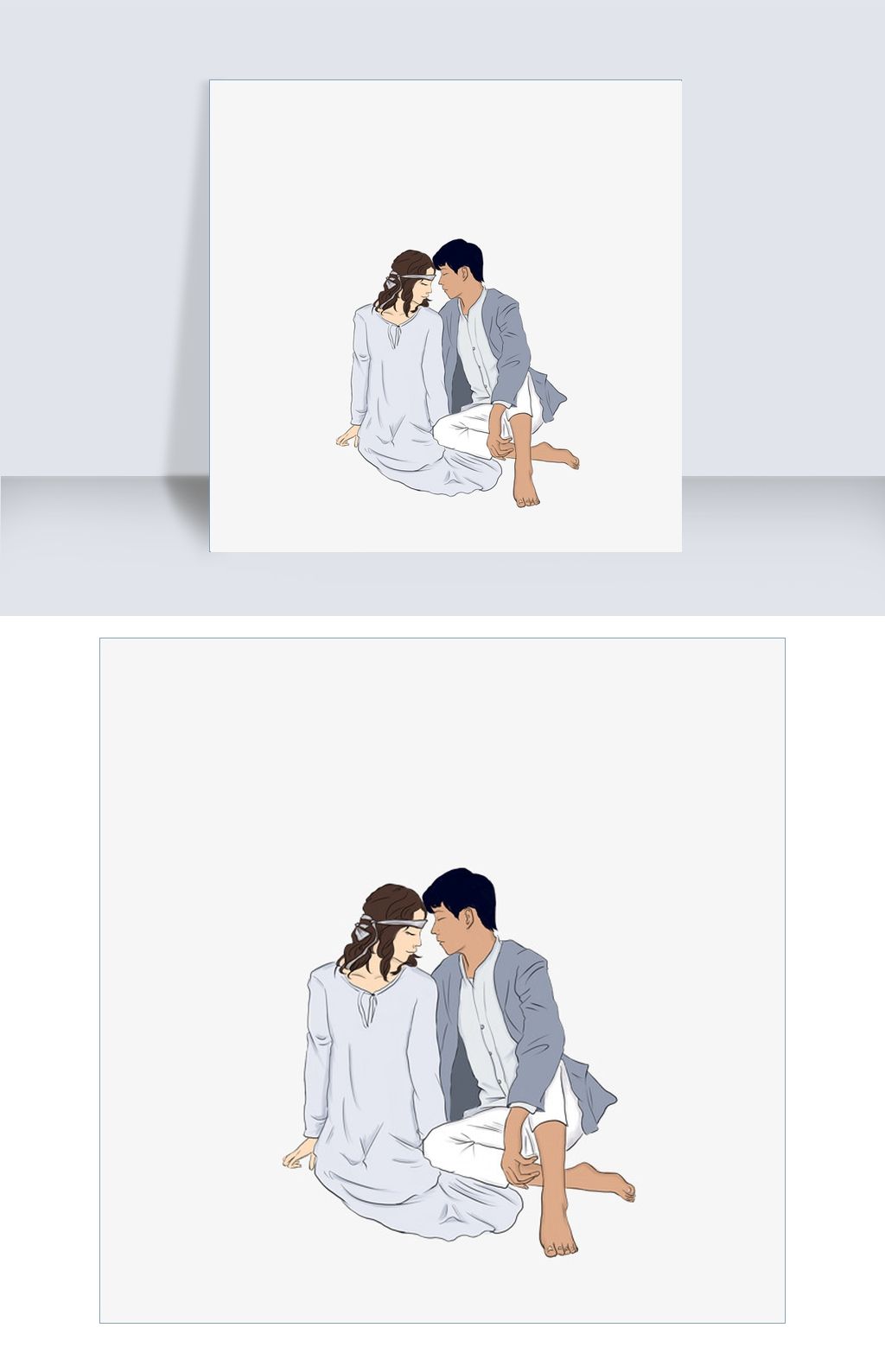 坐姿情侣手绘插画