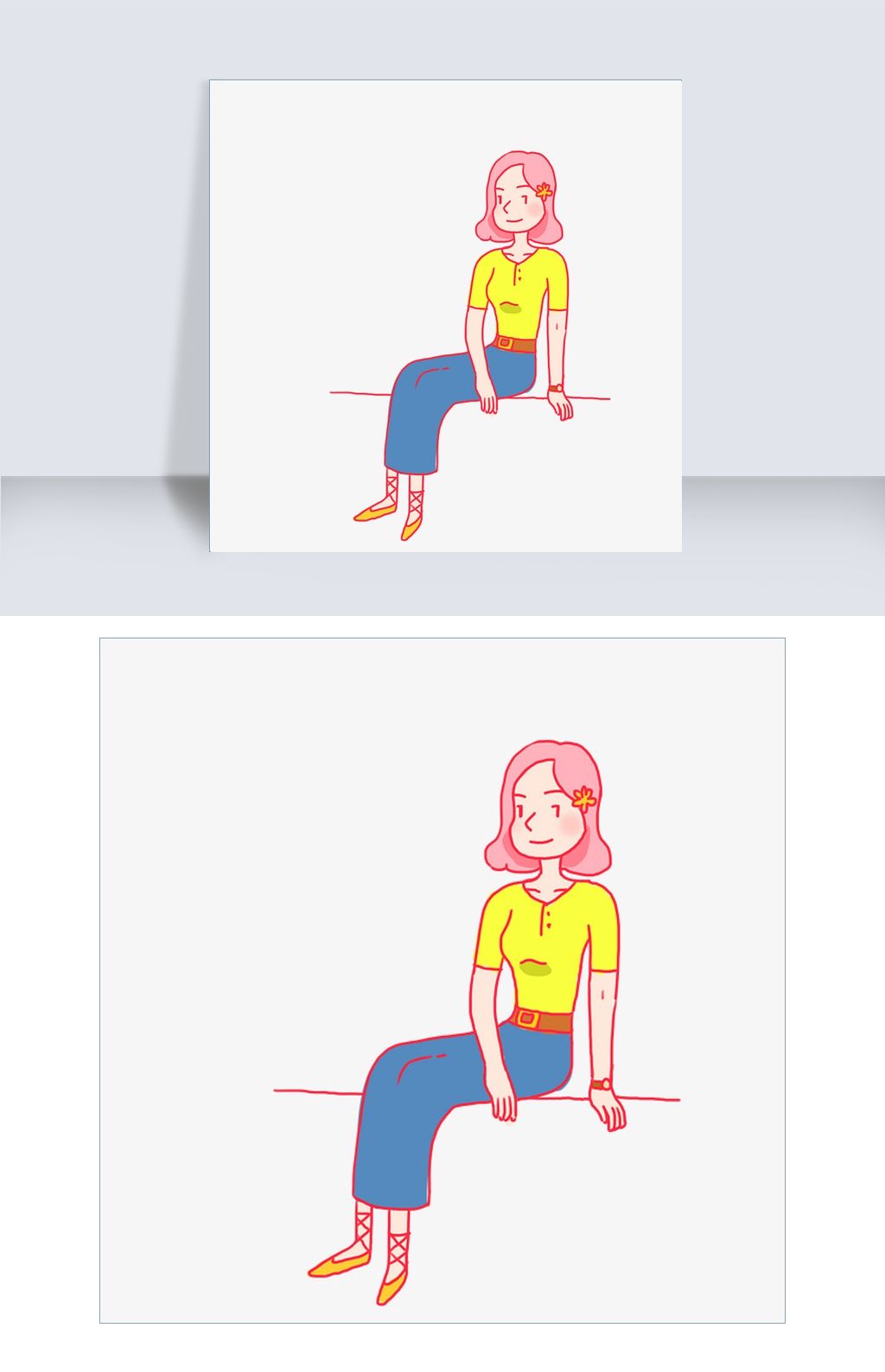 手绘长裙坐姿女孩元素下载