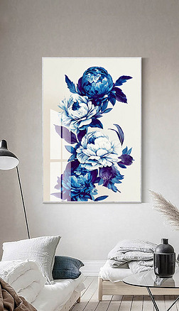 现代抽象轻奢简约青色花卉创意客厅装饰画