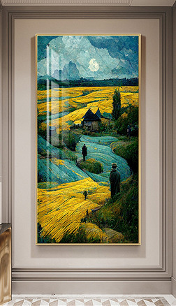 致敬梵高风印象乡村稻田向日葵风景装饰画