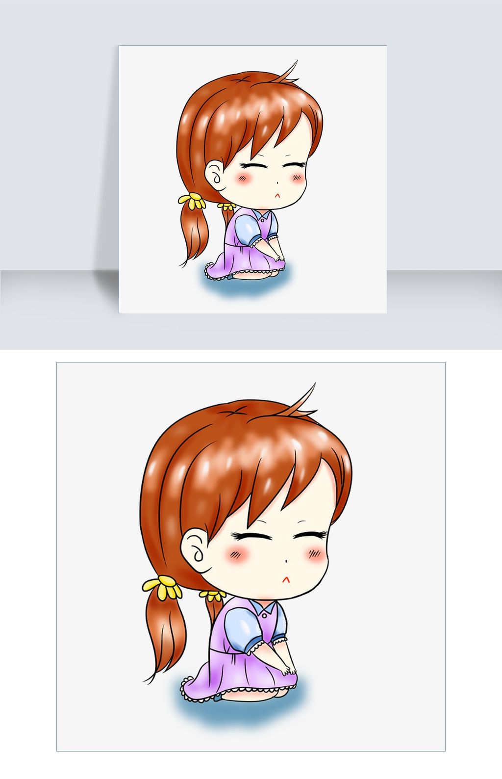 手绘跪坐少女png素材