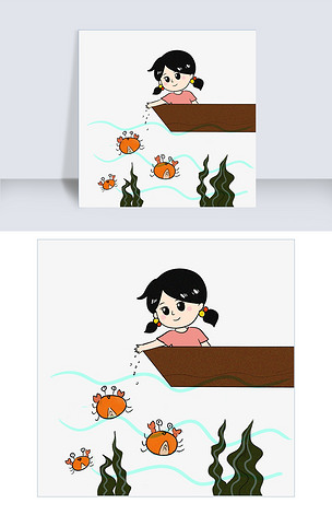手绘女孩喂螃蟹插画