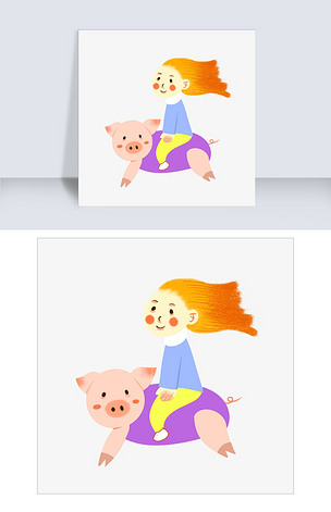 手绘矢量免抠卡通小清新可爱猪年骑着猪的少女