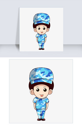 小人物蓝色迷彩服军帽插画