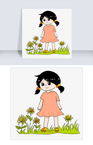 小女孩赏菊花插画