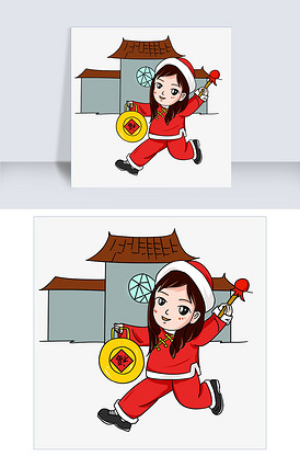 拿铜锣的女孩卡通人物插画