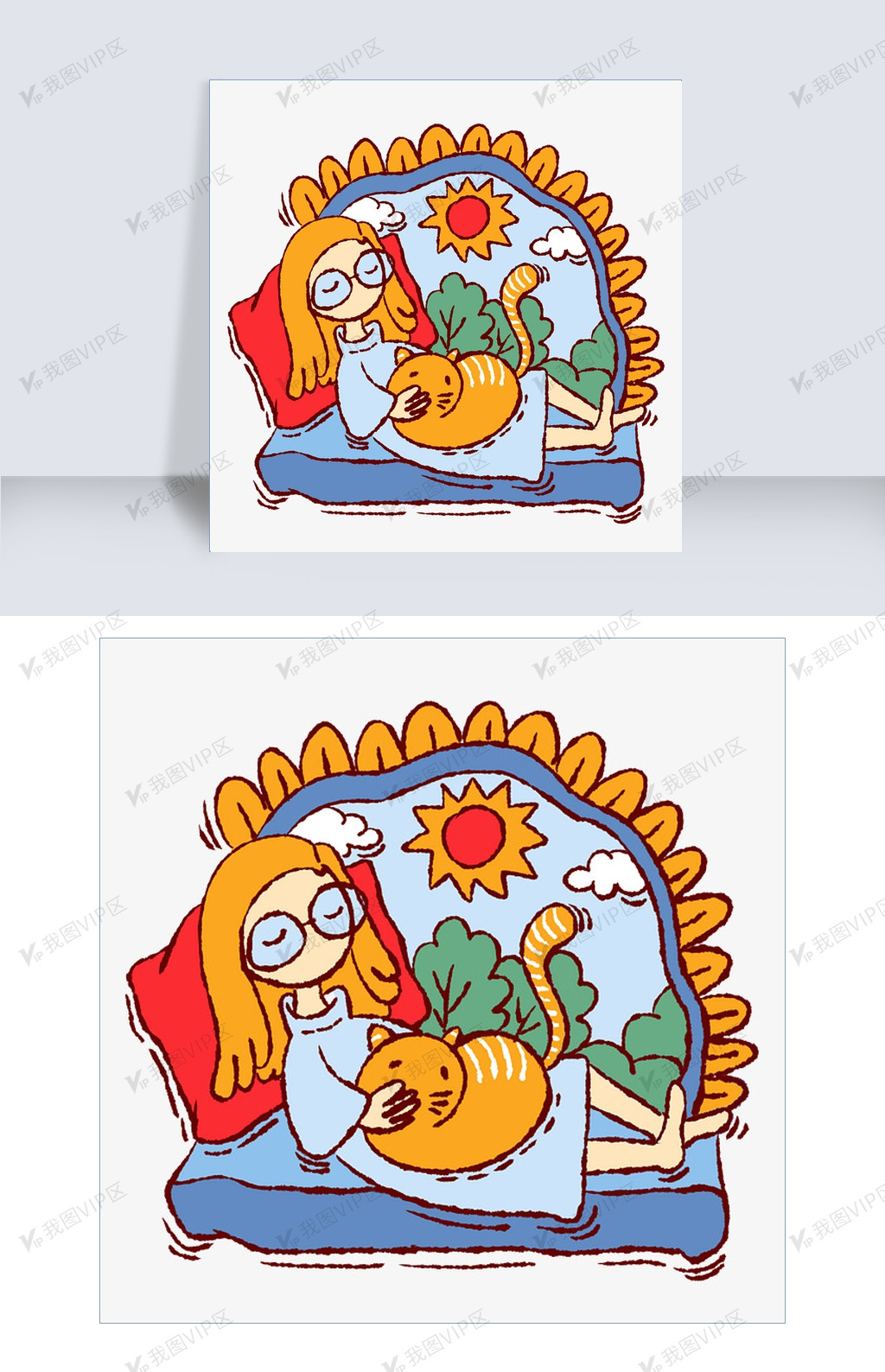 手绘卡通可爱童话午睡的小女孩