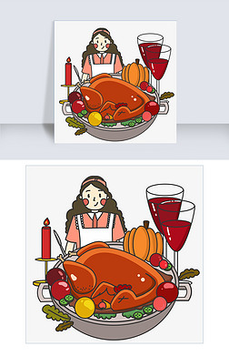 卡通手绘感恩节吃火鸡红酒的女孩