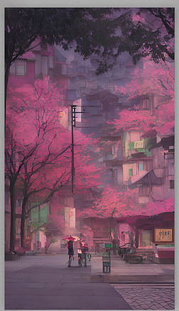 AI插画：浪漫宁静粉色街巷4