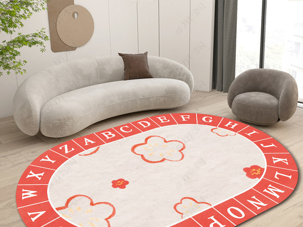 现代轻简约红色字母花卉法式山茶花地毯地垫