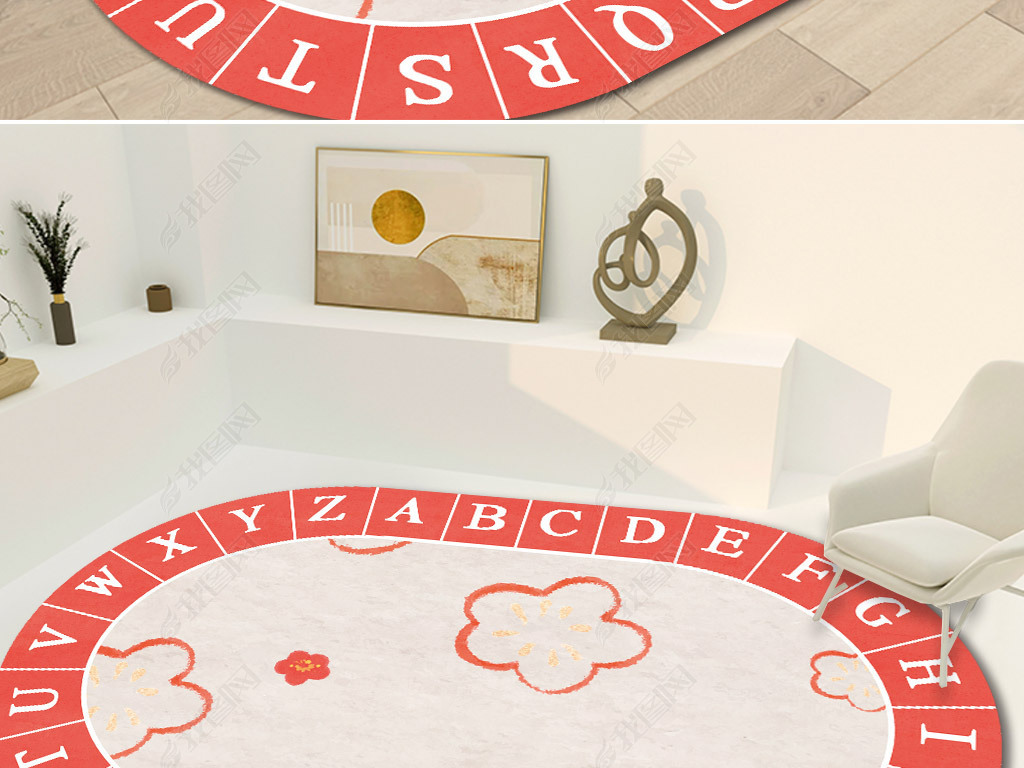 现代轻简约红色字母花卉法式山茶花地毯地垫