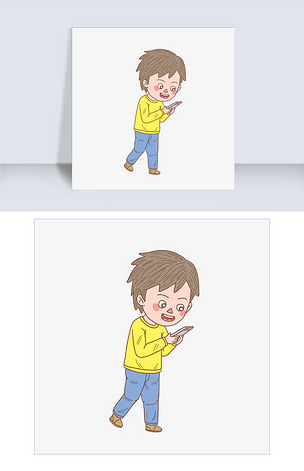 卡通手绘人物走路看手机男孩